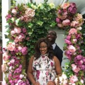 Image of ao young african couple at a wedding posing for the camera. Tolulope Olajde and Chidinma Onuzo